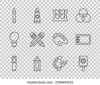Set line Marker pen, Spray can nozzle cap, Pencil sharpener, Wax crayons for drawing, Crossed pencil with eraser, Paint brush palette and Graphic tablet icon. Vector