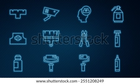 Set line Marker pen, Spray can nozzle cap, Paint brush, attachment, Bolt cutter and Security camera icon. Vector