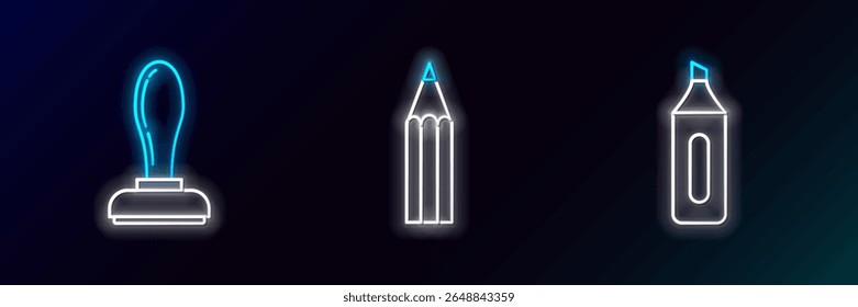 Set line Marker pen, Stamp and Pencil icon. Glowing neon. Vector