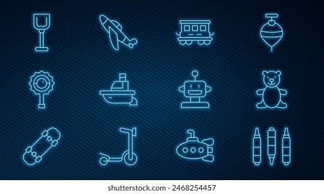 Set line Marker pen, Teddy bear plush toy, Passenger train cars, Toy boat, Rattle baby, Shovel, Robot and plane icon. Vector