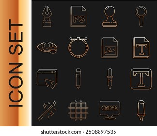 Set line Marker pen, Text, file document, Stamp, Circle with Bezier curve, Red eye effect, Fountain nib and Picture landscape icon. Vector