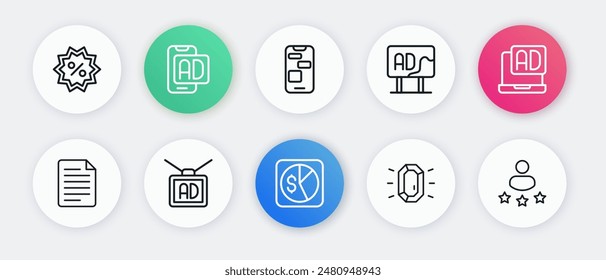 Set line Market analysis, Advertising, File document, Diamond, Mobile 24 hours support, Consumer product rating and  icon. Vector