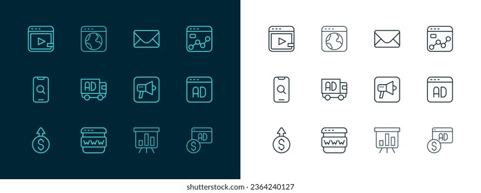 Fijar línea Análisis de mercado, ventana Navegador, Megáfono, tablero con gráfico de gráficos, camión de publicidad, correo y correo electrónico, publicidad de video e icono de todo el mundo. Vector