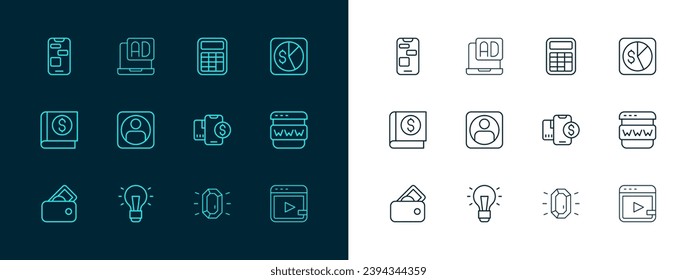 Set-Line-Marktanalyse, Glühbirne, Mobile mit Dollar, Diamant, Account-Bildschirm erstellen, Rechner, 24 Stunden Support und Werbung Symbol. Vektorgrafik
