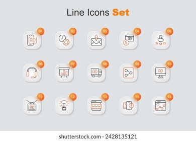 Set line Market analysis, Mobile with dollar, Browser window, Light bulb, Advertising, Share and on truck icon. Vector