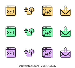 Set line Market analysis, SEO optimization, Human and money and Mail e-mail icon. Vector