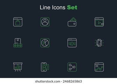 Set line Market analysis, Share, Advertising, Board with graph chart, Diamond, Page 404 error,  and Consumer product rating icon. Vector