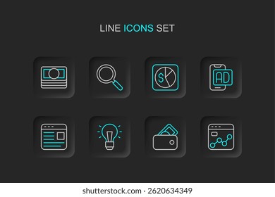 Set line Market analysis, Wallet with money, Light bulb, Advertising, Magnifying glass and Stacks paper cash icon. Vector