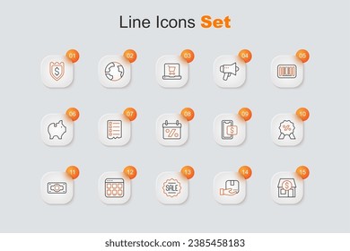 Set line Market store, Delivery hand with box, Price tag Sale, Online shopping on screen, Stacks paper money cash, Discount percent, Mobile and  icon. Vector