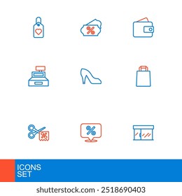 Set line Market store, Discount percent tag, Scissors cuts discount coupon, Paper shopping bag, Cash register machine, Woman shoe, Wallet and  icon. Vector