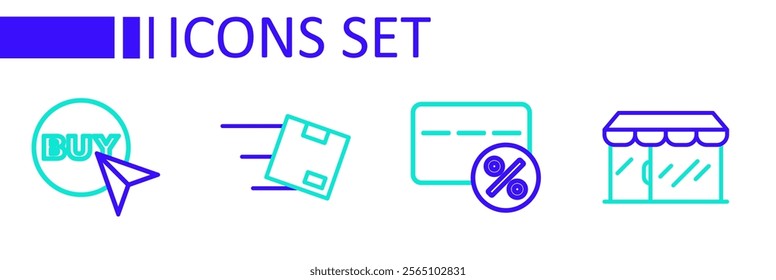 Set line Market store, Discount card with percent, Location cardboard box and Buy button icon. Vector