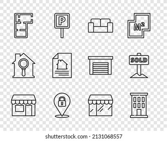 Set line Market store, House, Sofa, Location lock, plan, contract, and Hanging sign with text Sold icon. Vector