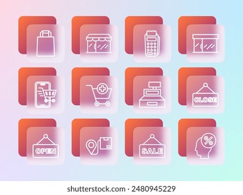 Set line Market store, Location with cardboard box, Cash register machine, Hanging sign text Sale, Add Shopping cart, POS terminal, Paper shopping bag and  icon. Vector