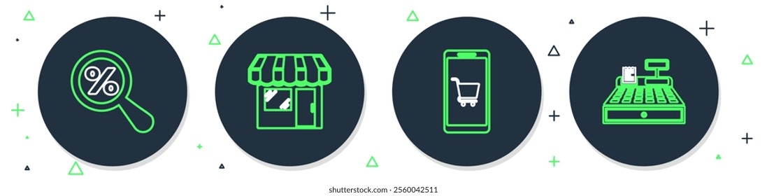 Set line Market store, Mobile and shopping cart, Magnifying glass with percent and Cash register machine icon. Vector