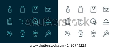 Set line Market store, Online shopping on phone, Clock and percent discount, Price tag with New, Paper check financial check, bag, Heart and  icon. Vector