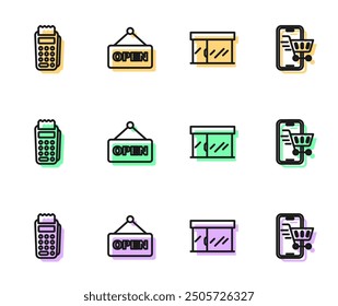 Set line Market store, POS terminal, Hanging sign with text Open and Mobile shopping cart icon. Vector