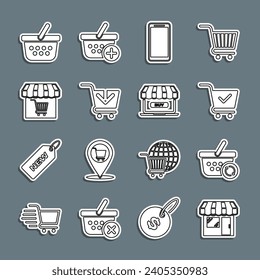 Set line Market store, Refresh shopping basket, Shopping cart with check mark, Smartphone, mobile phone, Add,  and Online icon. Vector