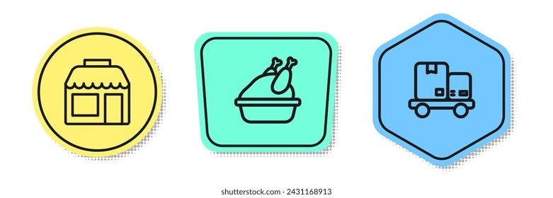 Set line Market store, Roasted turkey chicken and Hand truck and boxes. Colored shapes. Vector