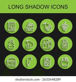 Set line Market store, Scanner scanning bar code, Canned food, Bottle of olive oil, Shopping bag and, Price tag for pear, Coffee jar bottle and Cash register machine icon. Vector