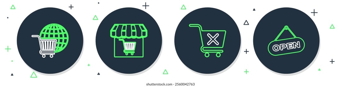 Set line Market store with shopping cart, Remove, Shopping globe and Hanging sign Open door icon. Vector