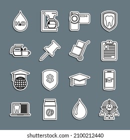Set line Marketing target strategy, Graduation cap on mobile, Clipboard with dental card, Cinema camera, Push pin, Coffee pot cup, Water drop H2O and Hand truck and boxes icon. Vector