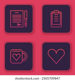 Set line Marriage contract, Coffee cup and heart, Clipboard with checklist and Heart. Blue square button. Vector