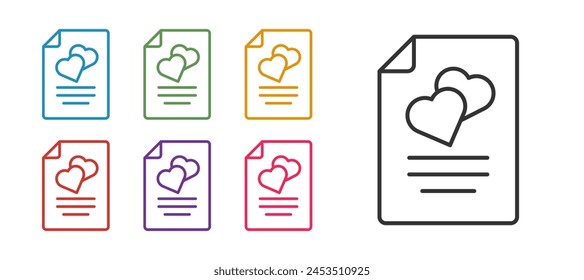 Linie festlegen Heiratsvertragssymbol isoliert auf weißem Hintergrund. Hochzeit. Farbige Symbole festlegen. Vektorgrafik