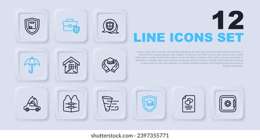 Set line Marriage contract, Safe, House, Graduation cap with shield, Umbrella, Life jacket, Briefcase and Tornado icon. Vector