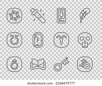 Set line Mars, Comet falling down fast, Tarot cards, Ancient magic book, Magic runes, Old key and Skull icon. Vector