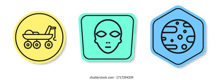 Set line Mars rover, Alien and Satellite dish. Colored shapes. Vector