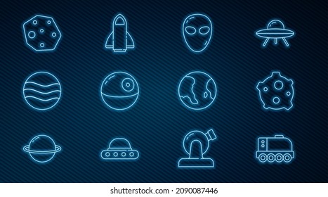 Set Line Mars Rover, Asteroid, Alien, Death Star, Planet, Earth Globe And Rocket Ship Icon. Vector