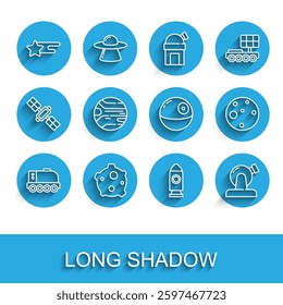 Set line Mars rover, Asteroid, Falling star, Rocket ship, Astronomical observatory, Planet,  and Death icon. Vector