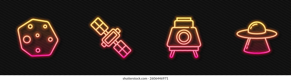 Set line Mars rover, Asteroid, Satellite and UFO flying spaceship. Glowing neon icon. Vector