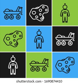 Set line Mars rover, Astronaut and Asteroid icon. Vector