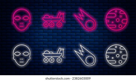 Set line Mars rover, Comet falling down fast, Alien and Satellite dish. Glowing neon icon on brick wall. Vector