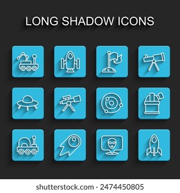 Set line Mars rover, Comet falling down fast, Alien, Rocket ship, Telescope, Astronomical observatory and Solar system icon. Vector