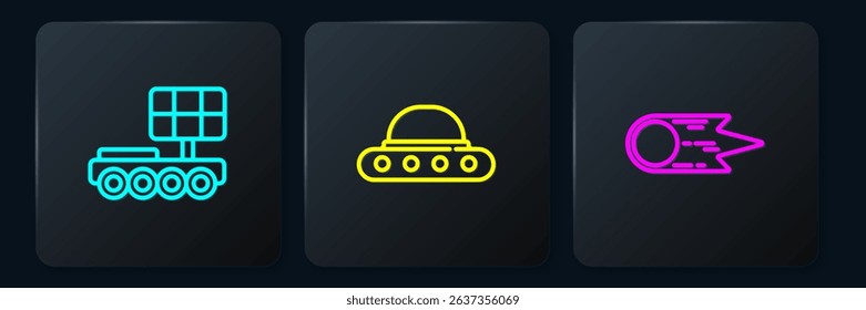 Set line Mars rover, Comet falling down fast and UFO flying spaceship. Black square button. Vector