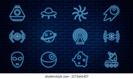 Set Line Mars Rover, Cosmic Ship, Black Hole, Planet Saturn, Space Capsule, Radar And UFO Flying Spaceship Icon. Vector