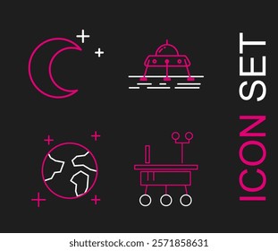 Set line Mars rover, Earth globe,  and Moon and stars icon. Vector