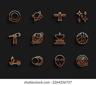 Set line Mars rover, Eclipse of the sun, Satellites orbiting planet Earth, Alien, Solar system, Space capsule and parachute, Falling stars and Planet Saturn icon. Vector