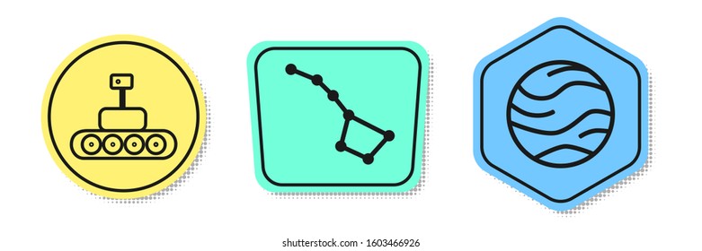 Set line Mars rover, Great Bear constellation and Planet. Colored shapes. Vector