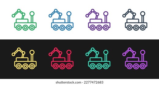 Set line Mars rover icon isolated on black and white background. Space rover. Moonwalker sign. Apparatus for studying planets surface.  Vector