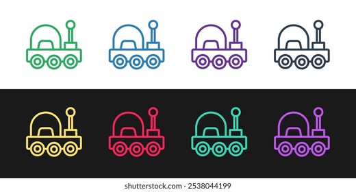 Definir linha Ícone do jipe-robô Marte isolado no fundo preto e branco. Rover espacial. Sinal de Moonwalker. Aparelho para estudar a superfície de planetas.  Vetor