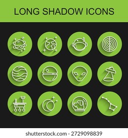 Set line Mars rover, Moon and stars, Planet, Dog in astronaut helmet, Great Bear constellation, Death, UFO flying spaceship and Alien icon. Vector