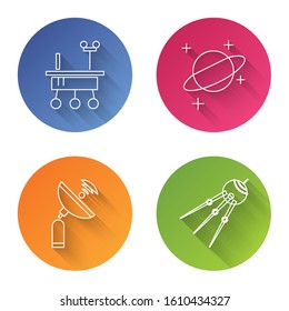 Set line Mars rover, Planet, Radar and Satellite. Color circle button. Vector