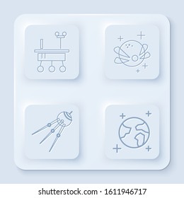 Set line Mars rover, Planet, Satellite and Earth globe. White square button. Vector