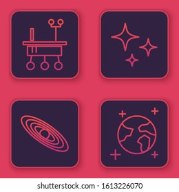 Set line Mars rover, Planet, Falling star and Earth globe. Blue square button. Vector