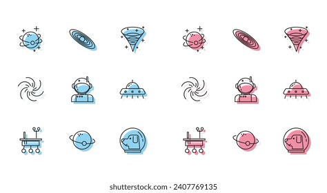 Set line Mars rover, Planet, Dog in astronaut helmet, Astronaut, UFO flying spaceship, Black hole and  icon. Vector