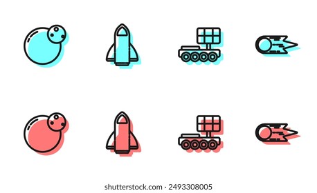 Set line Mars rover, Planet, Rocket ship and Comet falling down fast icon. Vector