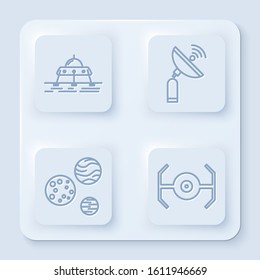 Set line Mars rover, Radar, Planet and Cosmic ship. White square button. Vector